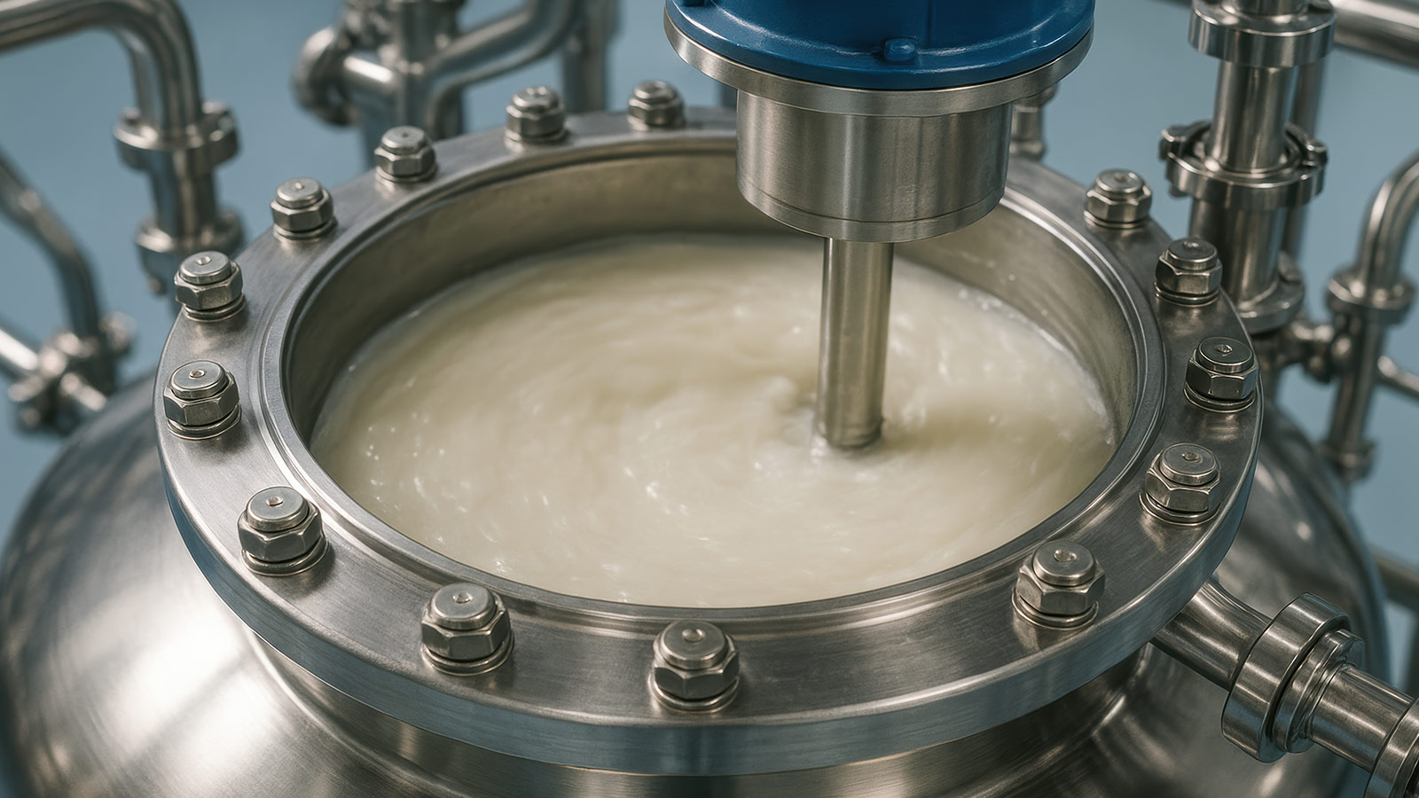 Stainless steel pharmaceutical processing equipment with industrial reactors, piping, and pumps used for active pharmaceutical ingredient manufacturing. Stainless steel pharmaceutical processing equipment with industrial reactors, piping, and pumps used for active pharmaceutical ingredient manufacturing.